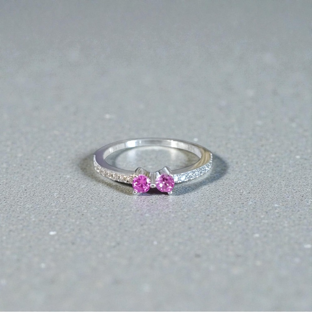 Created Pink Double Sapphire & Simulated Diamond Sterling Silver Stackable Ring